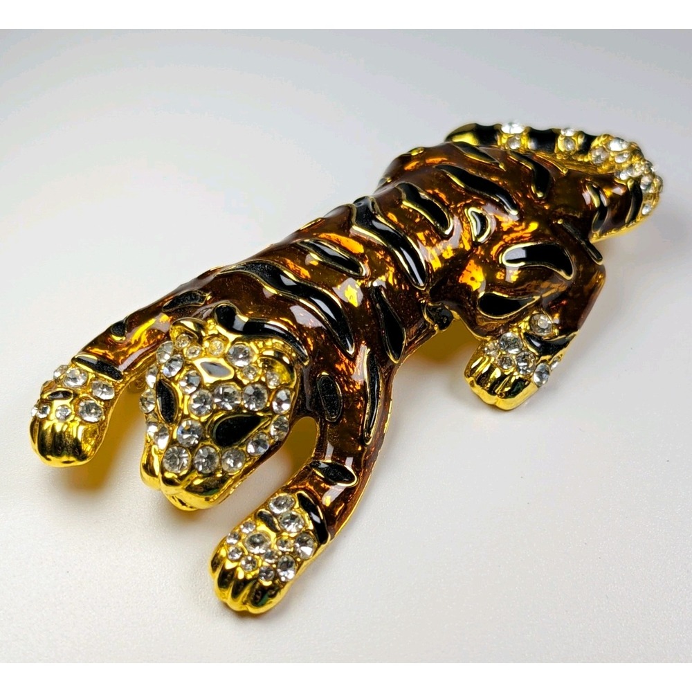 Tiger Brooch Pin Rhinestone Enamel Gold Tone Brown Black Big Cat 3" 53g